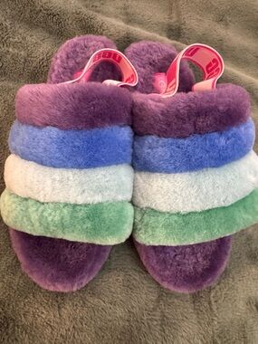 NWOT size 9 UGG Bright Multicolor Fuzzy Slide Slippers